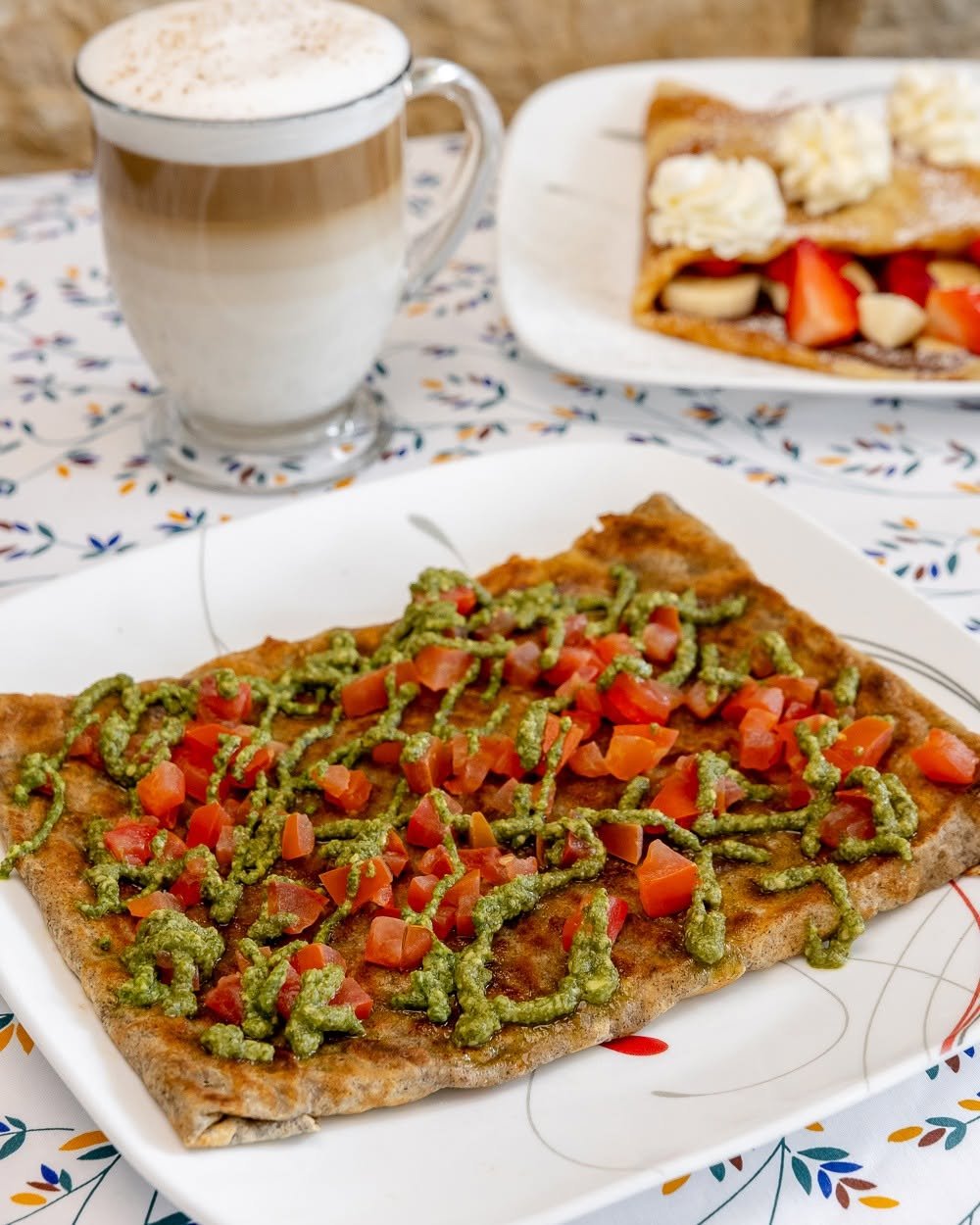Buckwheat galette with pesto and tomato